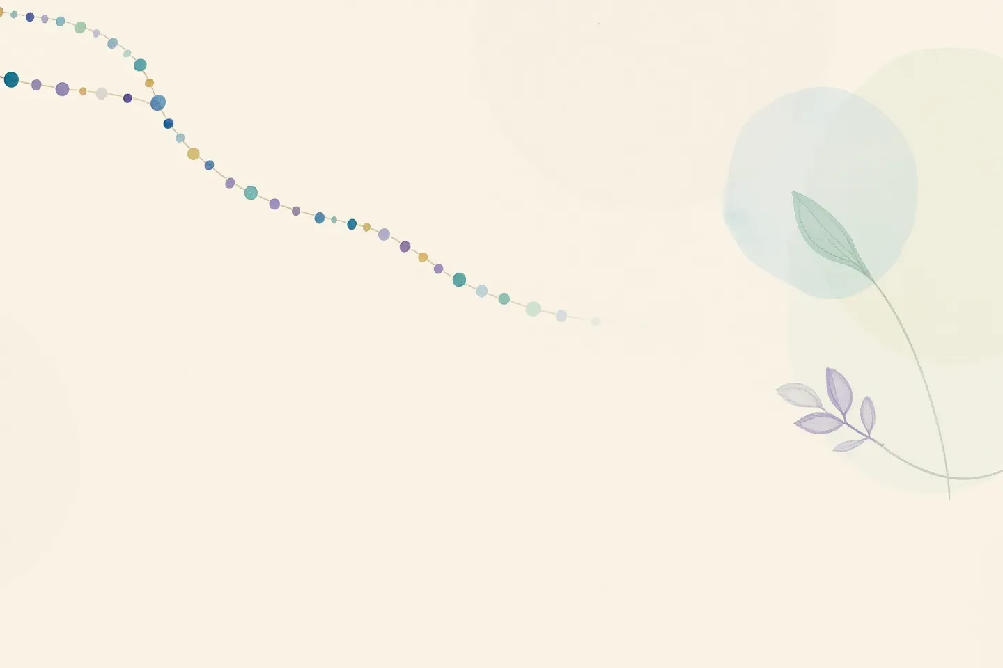 Soft watercolor of a pastel peptide chain arc above two abstract leaves on cream paper